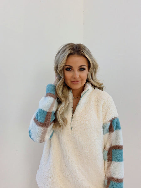 BLUE PLAID SHERPA PULLOVER